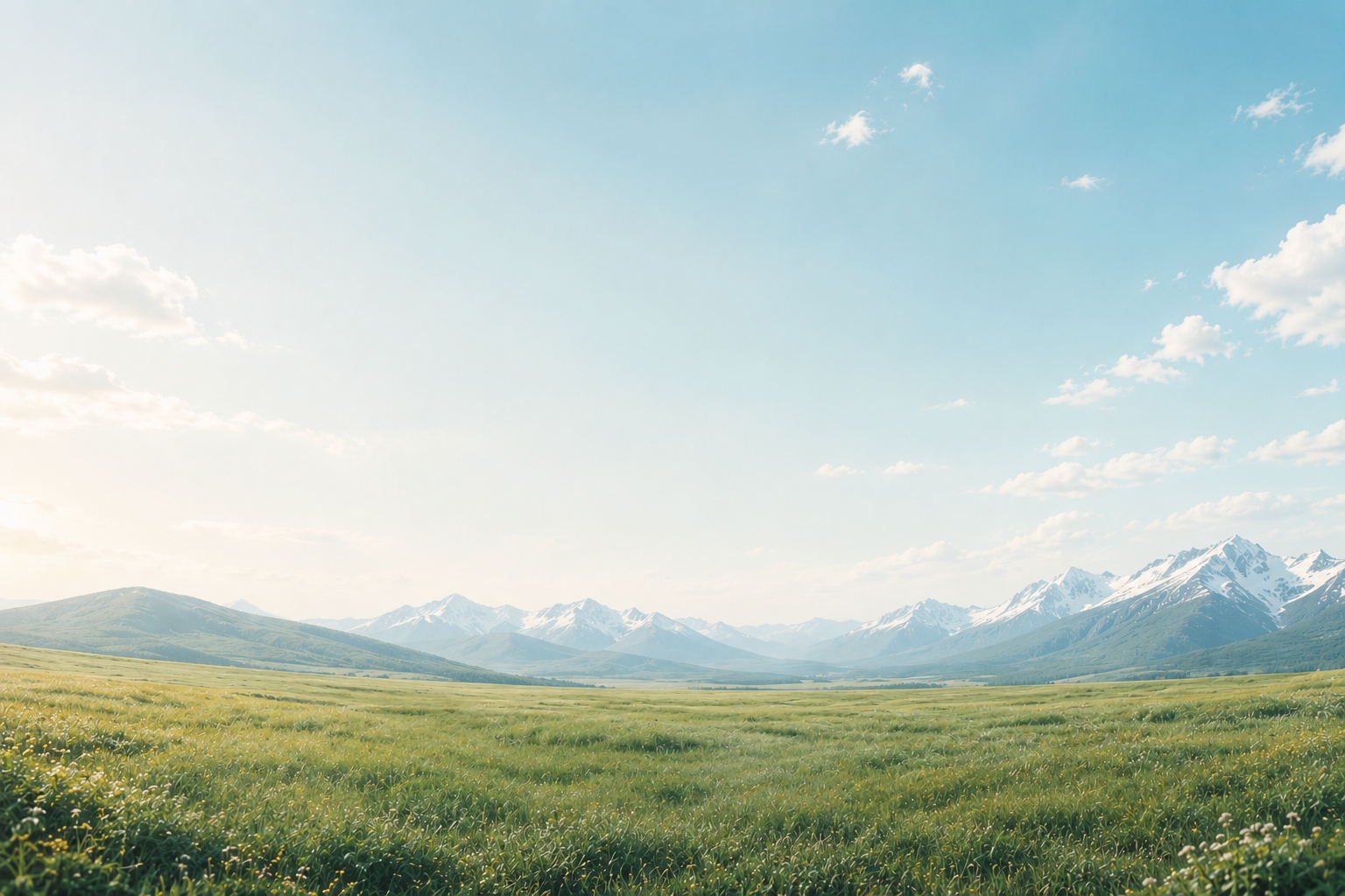 Sunlit green meadow with wildflowers and snow-capped mountains under a soft blue sky